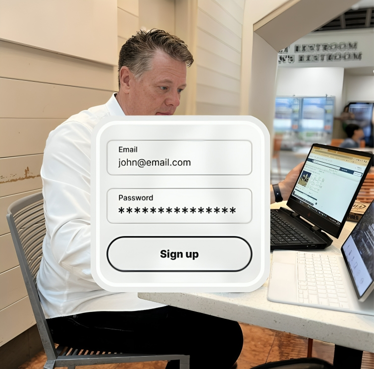 Man signing up for an account on a mobile device, showing a simple email and password input form